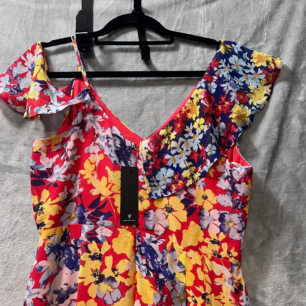 Lulus Maxi Dress Floral High-LowRuby Red Ruffle Cold Shoulder Medum - Picture 10 of 16